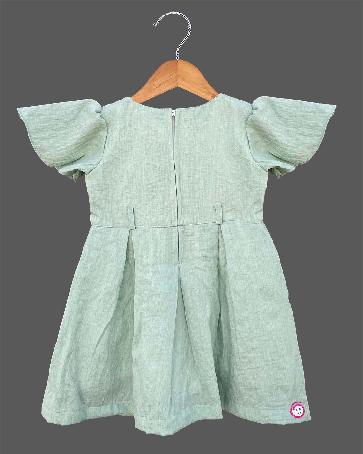 Mint green cotton linen embroidered frock with flutter sleeves for girls