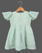 Mint green cotton linen embroidered frock with flutter sleeves for girls