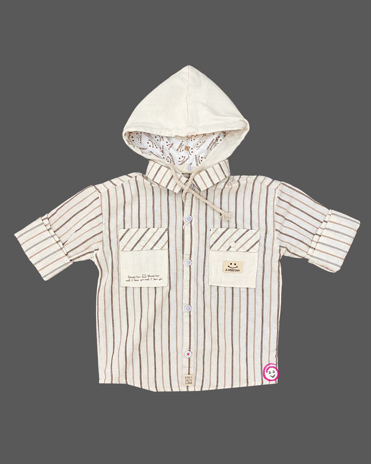 Toddler wearing striped hooded button down shirt and pant set as an western dress for boys.