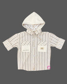 Toddler wearing striped hooded button down shirt and pant set as an western dress for boys.