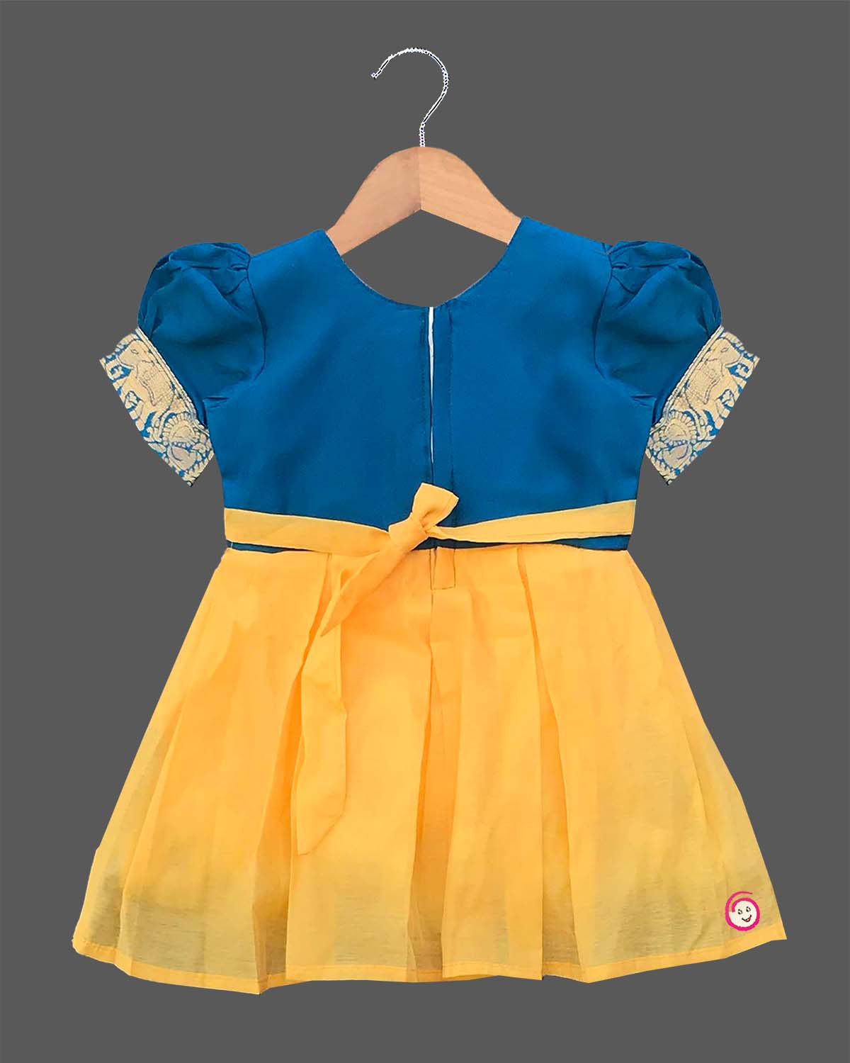 Infant silk cotton frock in blue and yellow for naming ceremonies, festivals, temple visits, birthdays, and weddings
