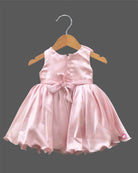 Baby girl satin party frock with bow accent and crystal embellishment for birthday celebration