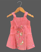 Little girl embroidered slub cotton frock with ruffled straps and lace trims for birthday party and family event