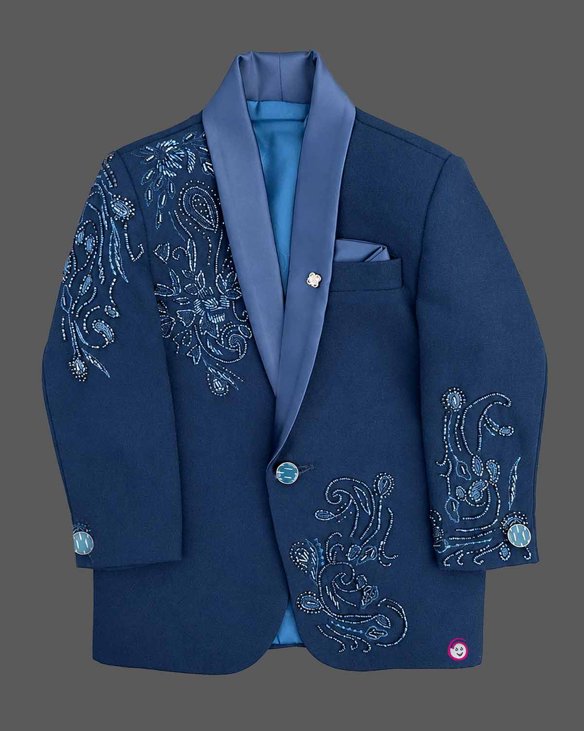Boys paisley beaded tuxedo suit set with satin shawl collar blazer, waistcoat, bowtie, and dress pant for events.