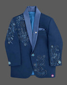 Boys paisley beaded tuxedo suit set with satin shawl collar blazer, waistcoat, bowtie, and dress pant for events.