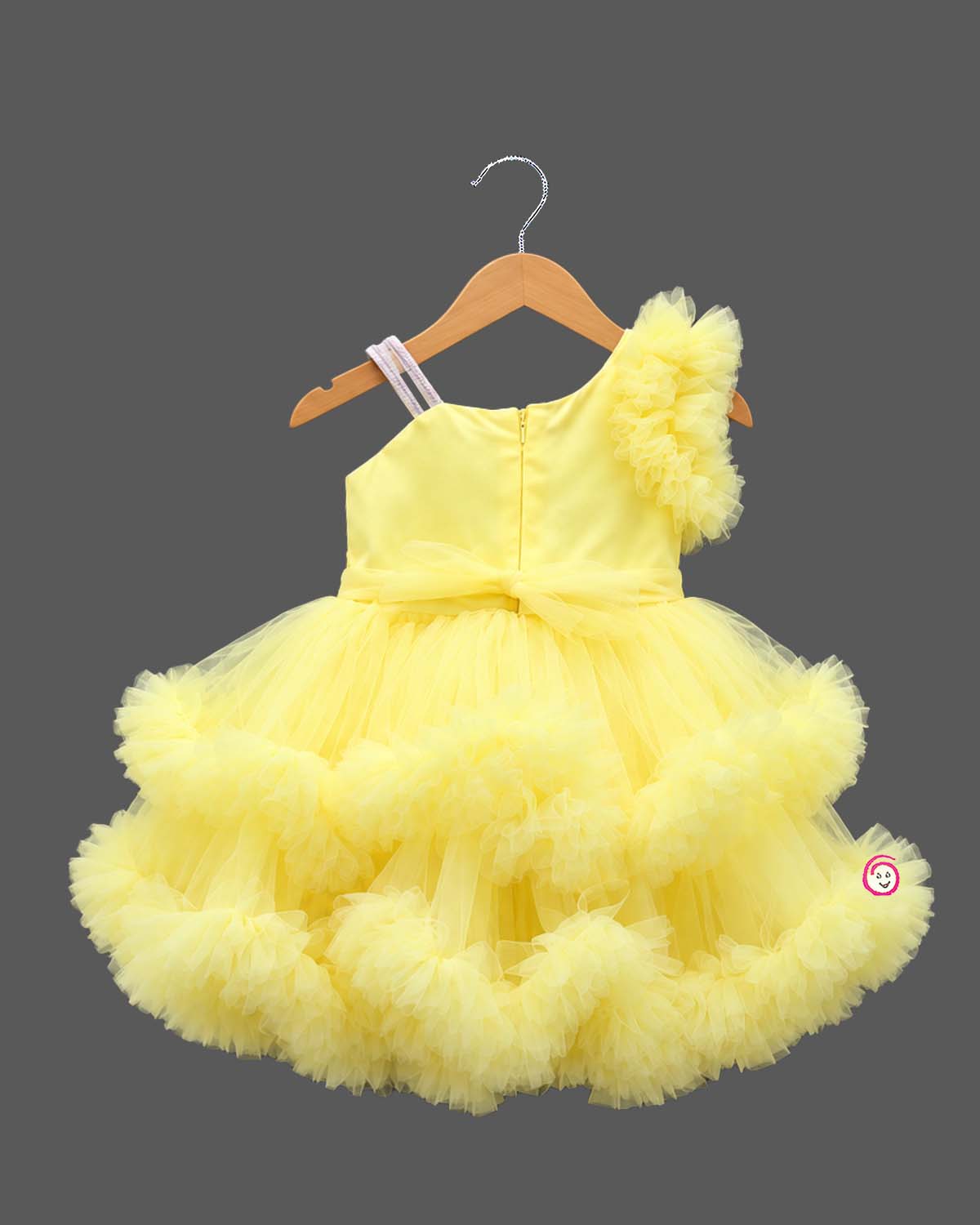 Voluminous baby party wear dress with Party frock  train and floral embellished bodice.
