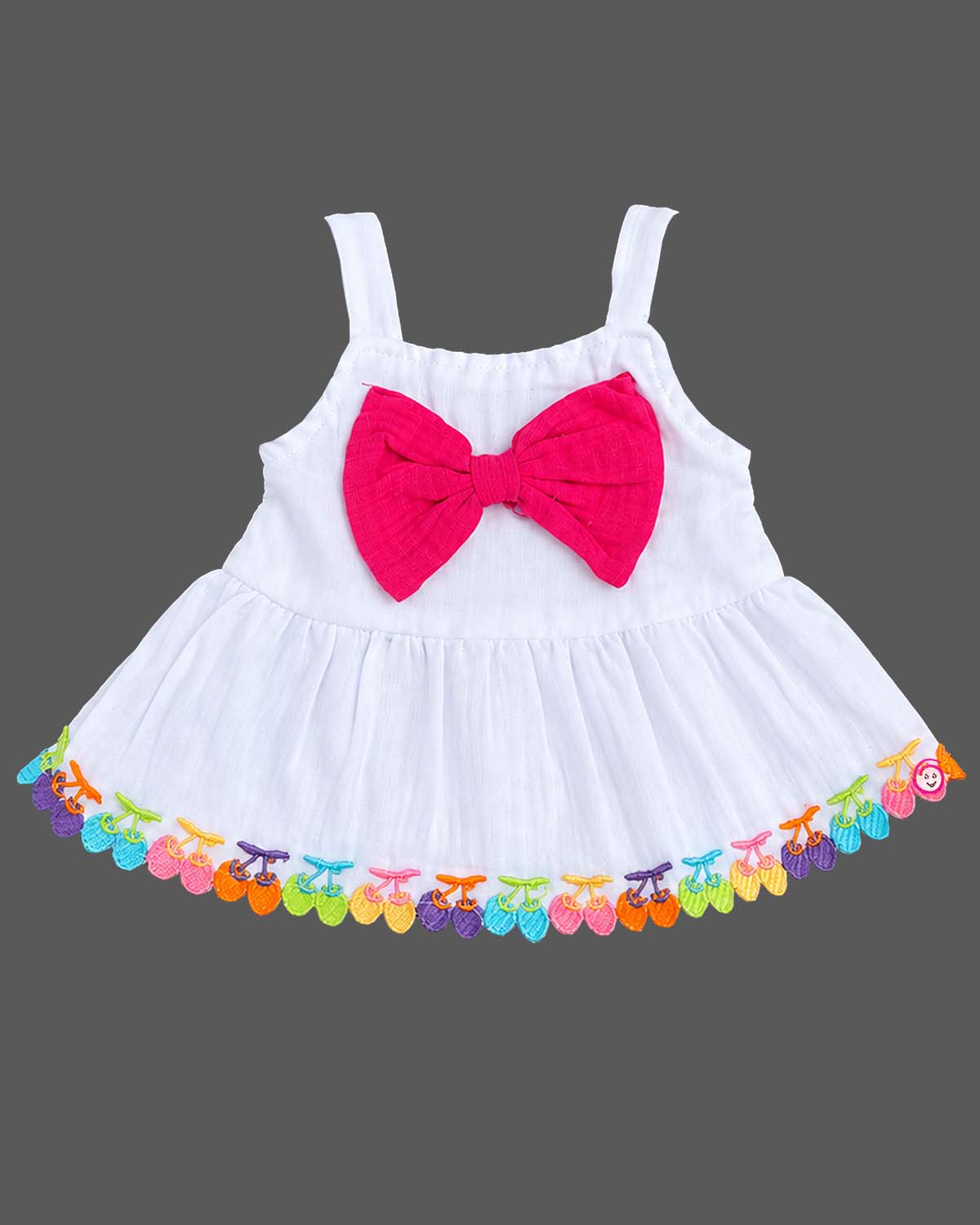 Baby party wear dress set featuring a sleeveless strap top with front bow trim and matching shorts.