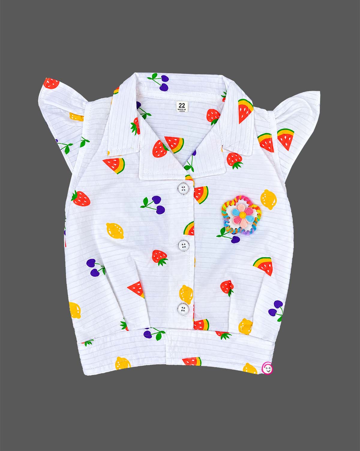 Girls fruit print notch collar top with flutter sleeves and matching tie-belt shorts set.