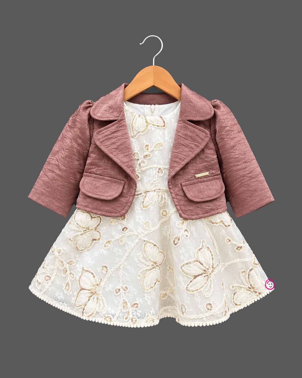 Kids party wear dress featuring sequin butterfly lace frock and matching textured jacket