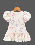 Girls casual printed frock with puff sleeves, front bow accent, and ruffled hem