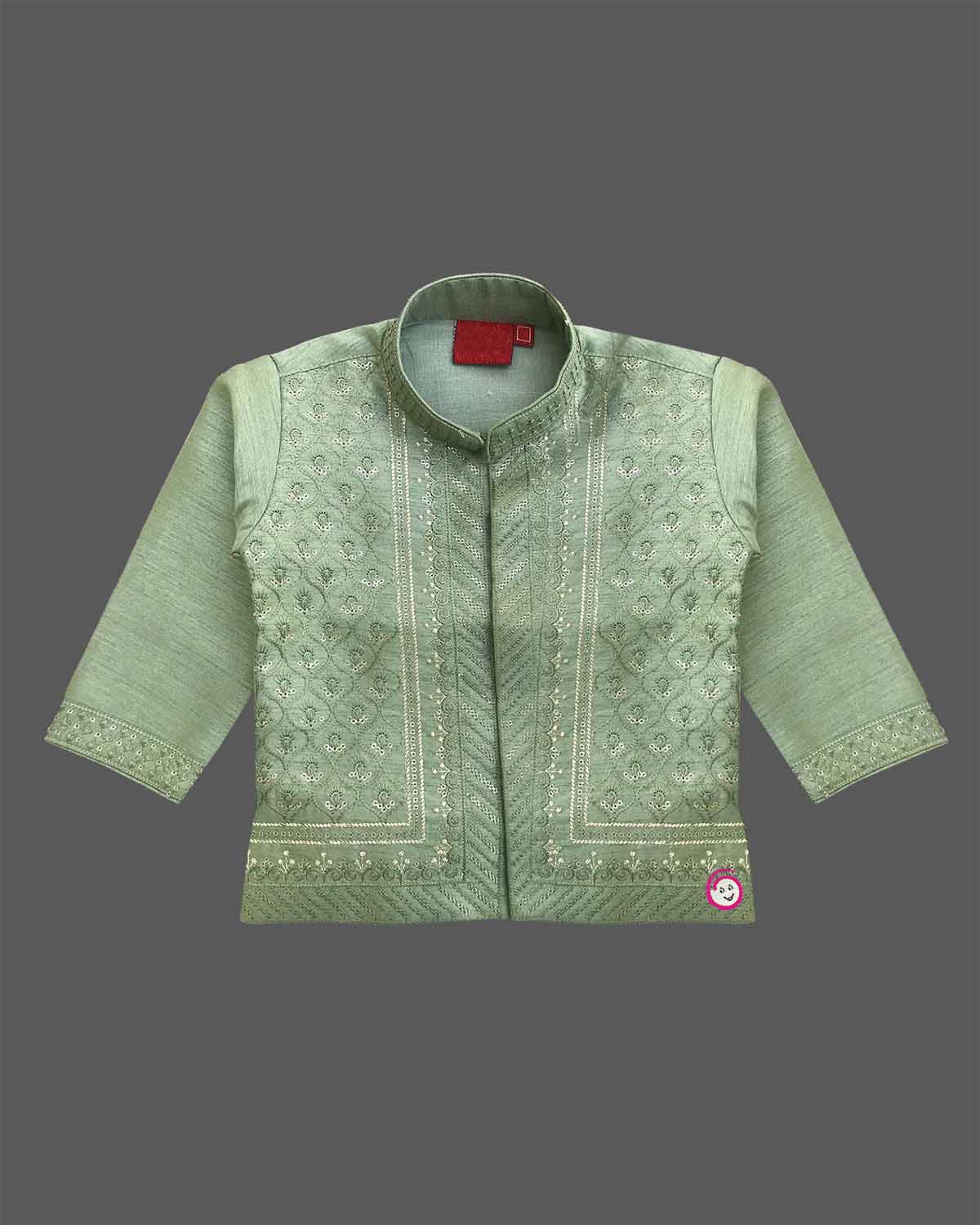 Boys sage green silk ethnic full sleeve kurta with sequins embroidery and mandarin collar paired with off-white elastic waist dhoti pant