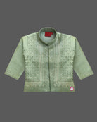 Boys sage green silk ethnic full sleeve kurta with sequins embroidery and mandarin collar paired with off-white elastic waist dhoti pant