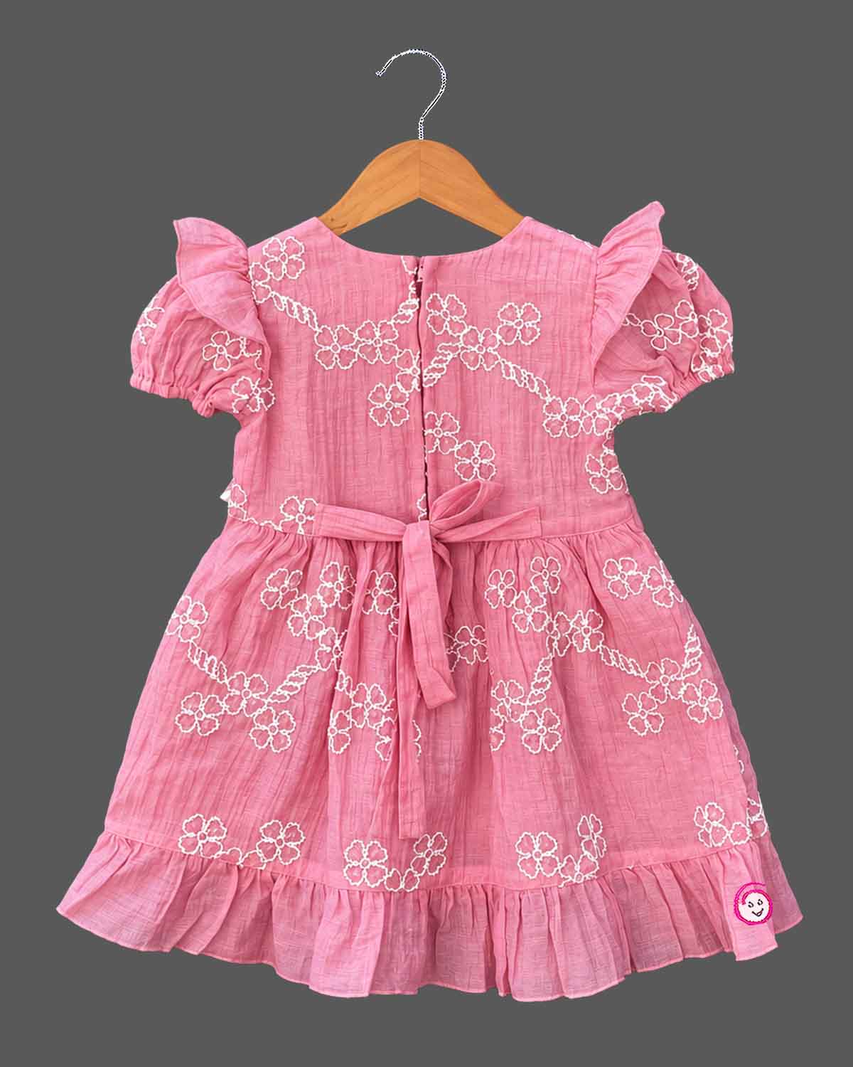 Cotton Frock For Baby Girl with floral embroidery, flutter puff sleeves, pearl buckle belt and ruffle hem