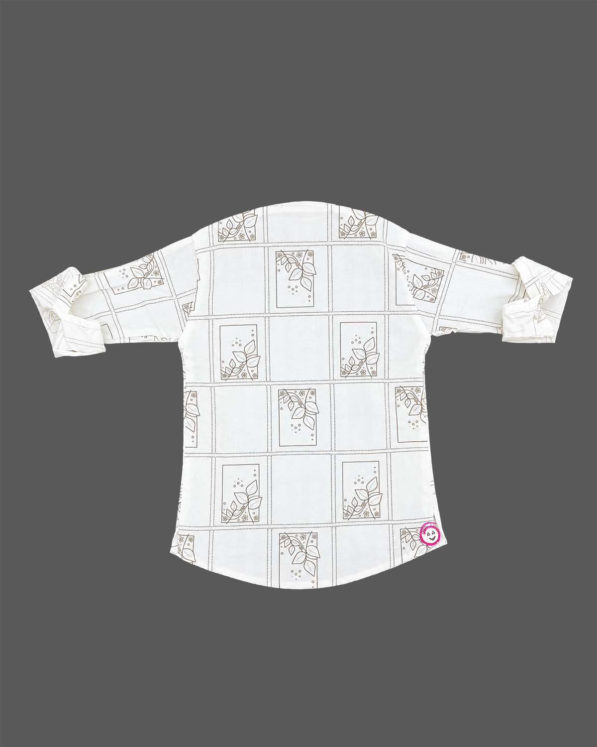Baby Boys Off-White Cotton Kurta with Brown Leaf Print and Mandarin Collar
