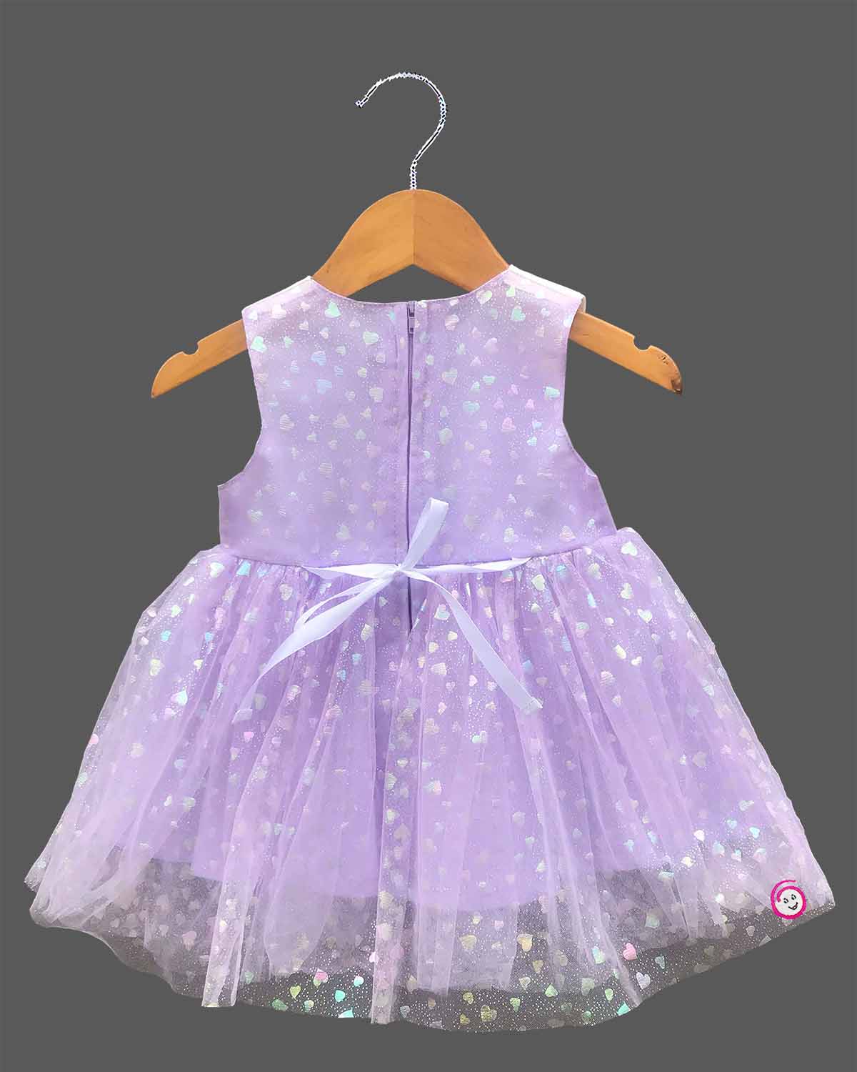 Sleeveless toddler frock featuring a cartoon kitten graphic bodice and a layered shimmer tulle skirt with printed hearts.