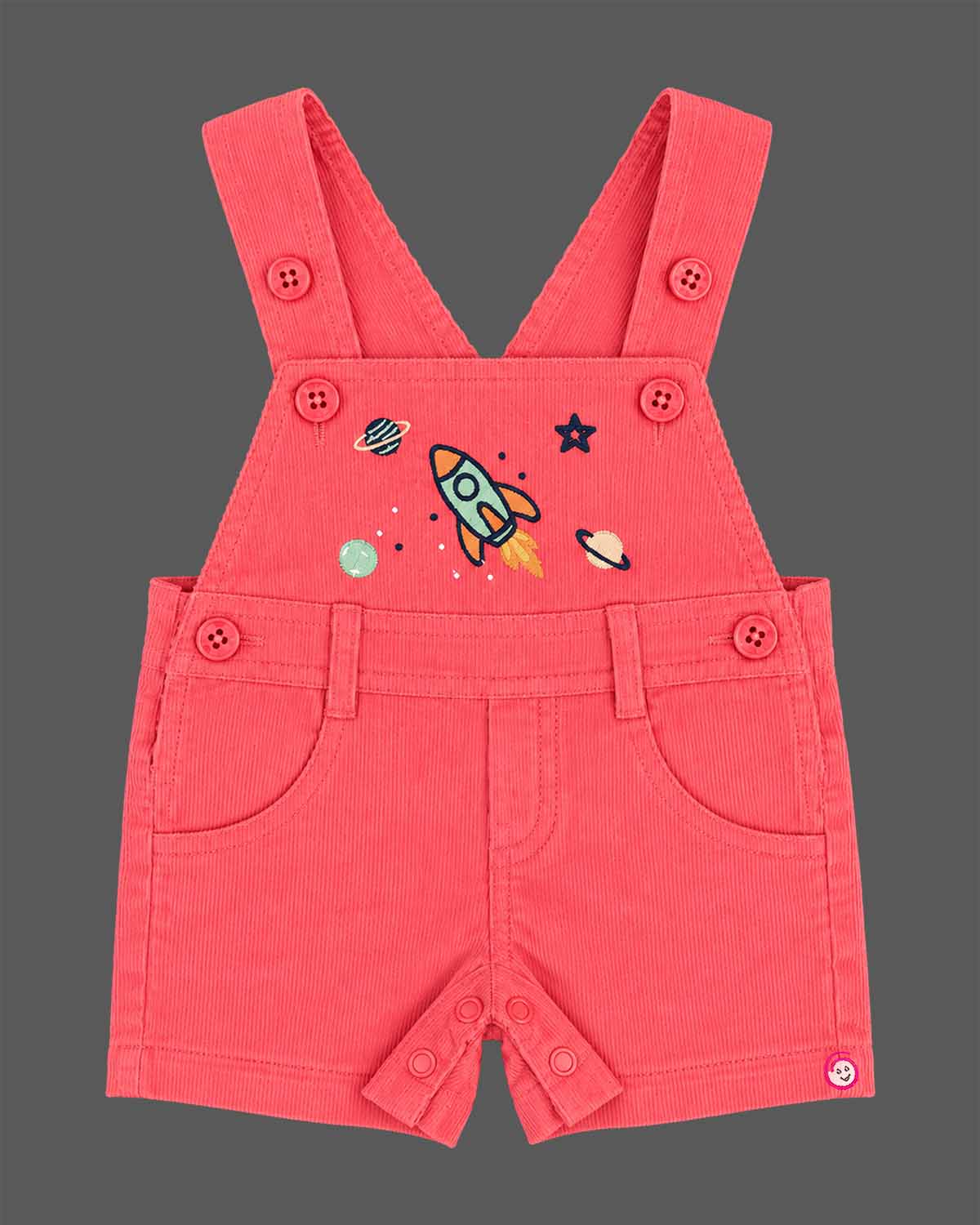 Boys dungaree set with space print t-shirt and red rocket dungaree shorts