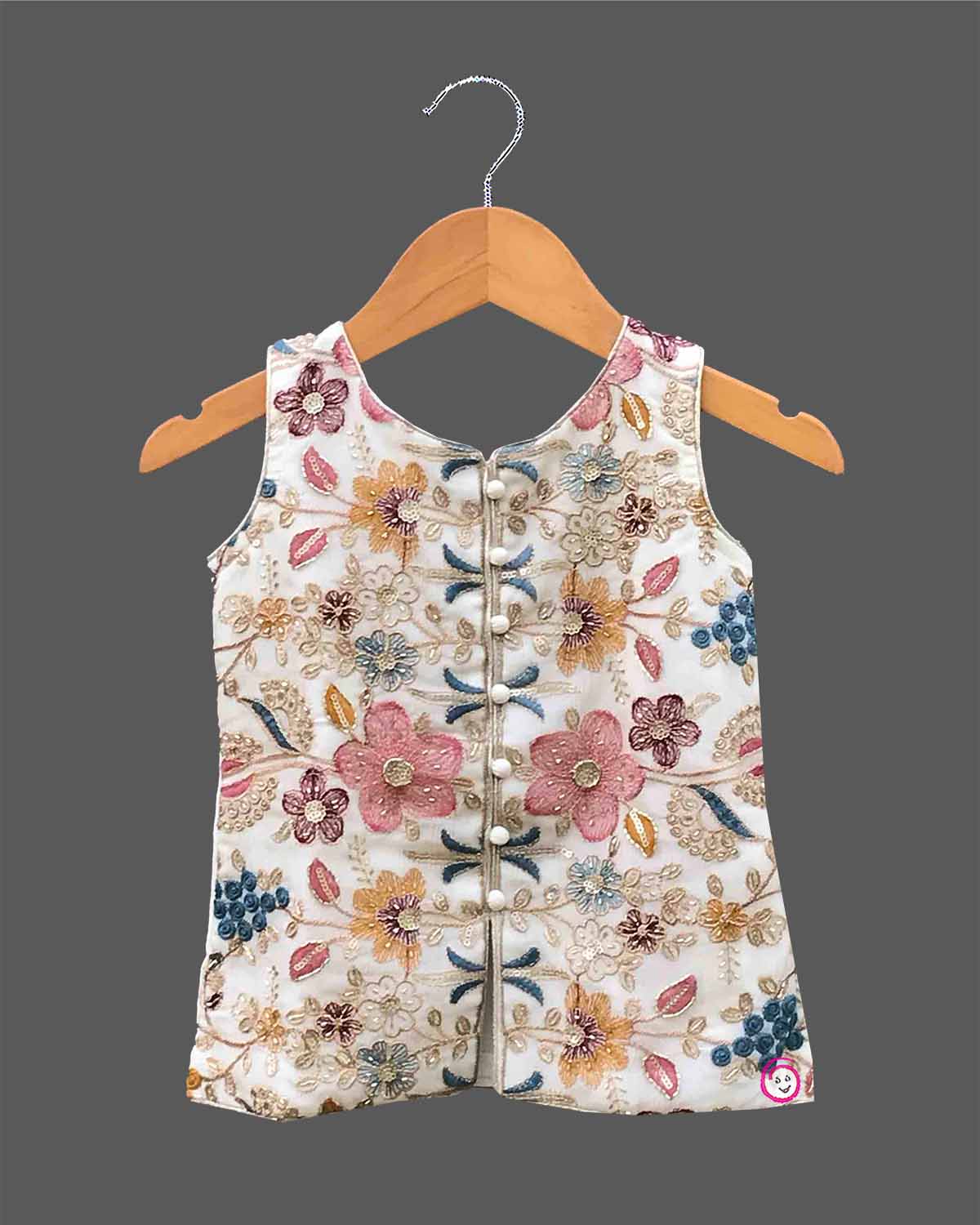 Girls floral embroidered sleeveless jacket top wide leg palazzo pants set with hair accessory