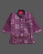 Boys mirror work sherwani set with mandarin collar and elasticated pyjamas for cultural festivals and sangeet functions.