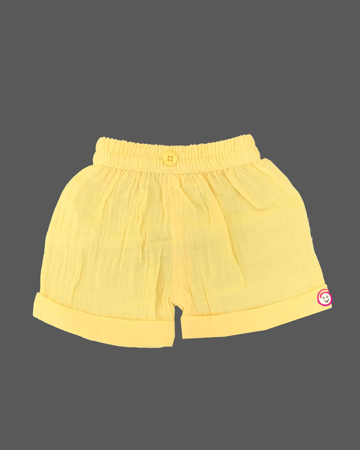 Boys 2-piece cotton casual set featuring a short-sleeve pink, yellow, and coral striped shirt and matching solid yellow elastic-waist shorts