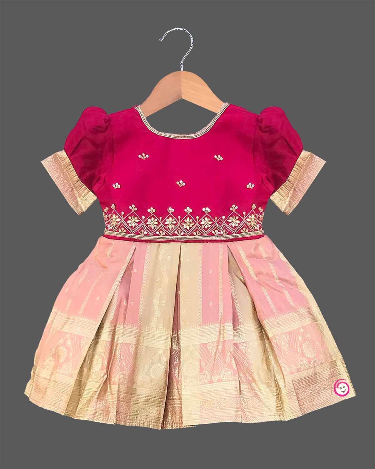 Girls traditional ethnic cotton silk frock with golden embroidery and zari border for birthday, wedding, and reception functions