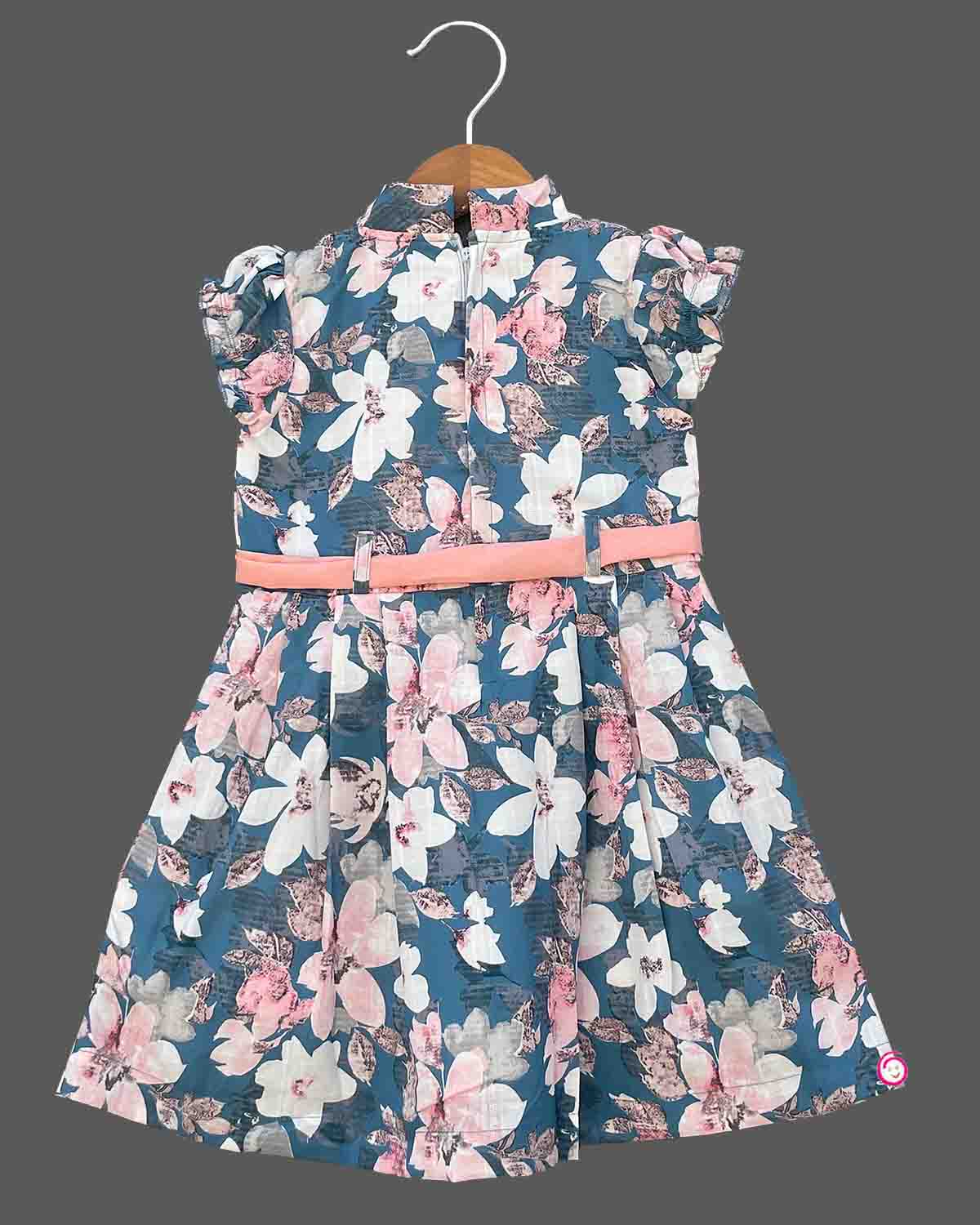 Girls floral printed sleeveless casual frock - Ariel Blue