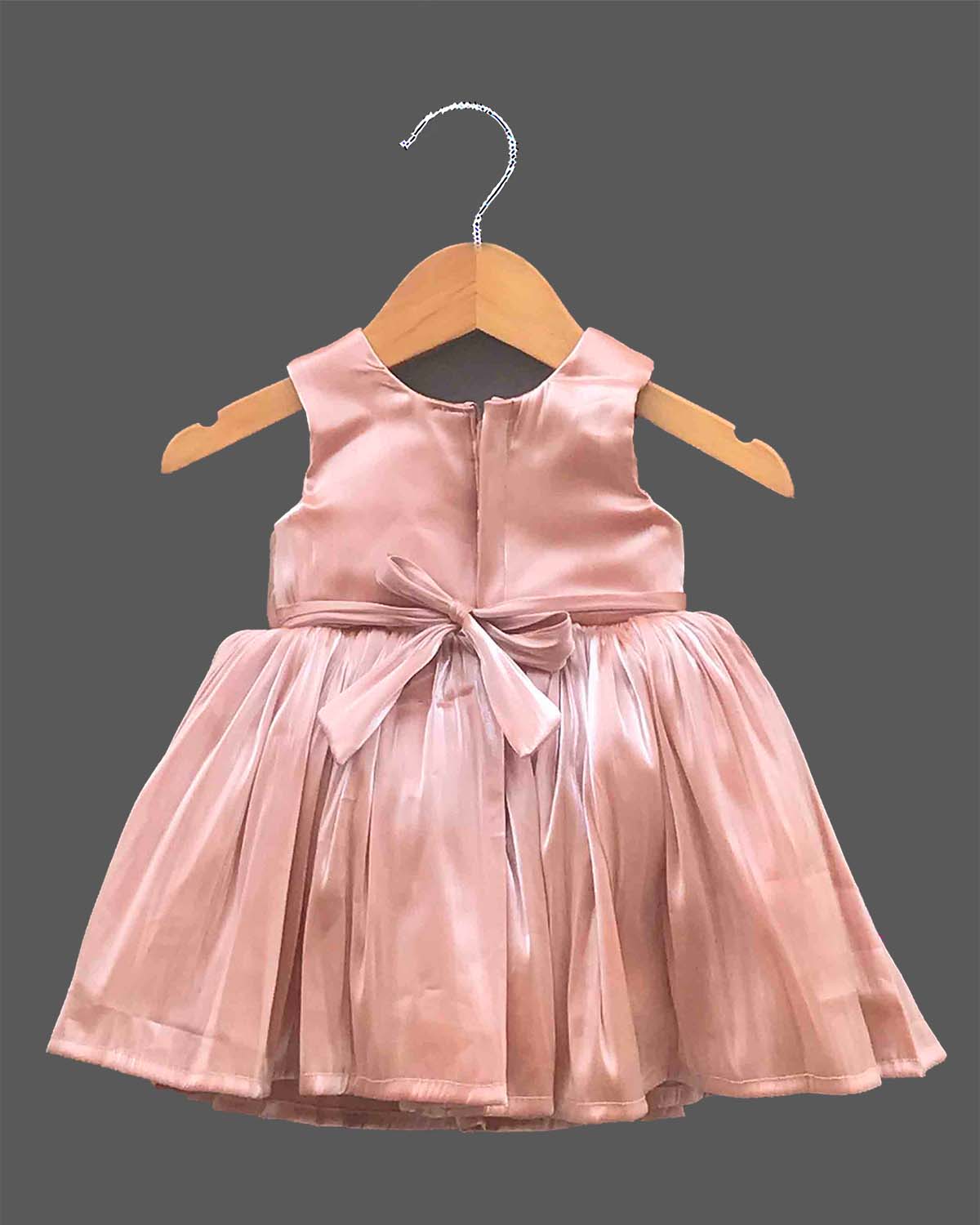 Toddler satin party frock with floral rosette applique for festive celebrations and family gatherings