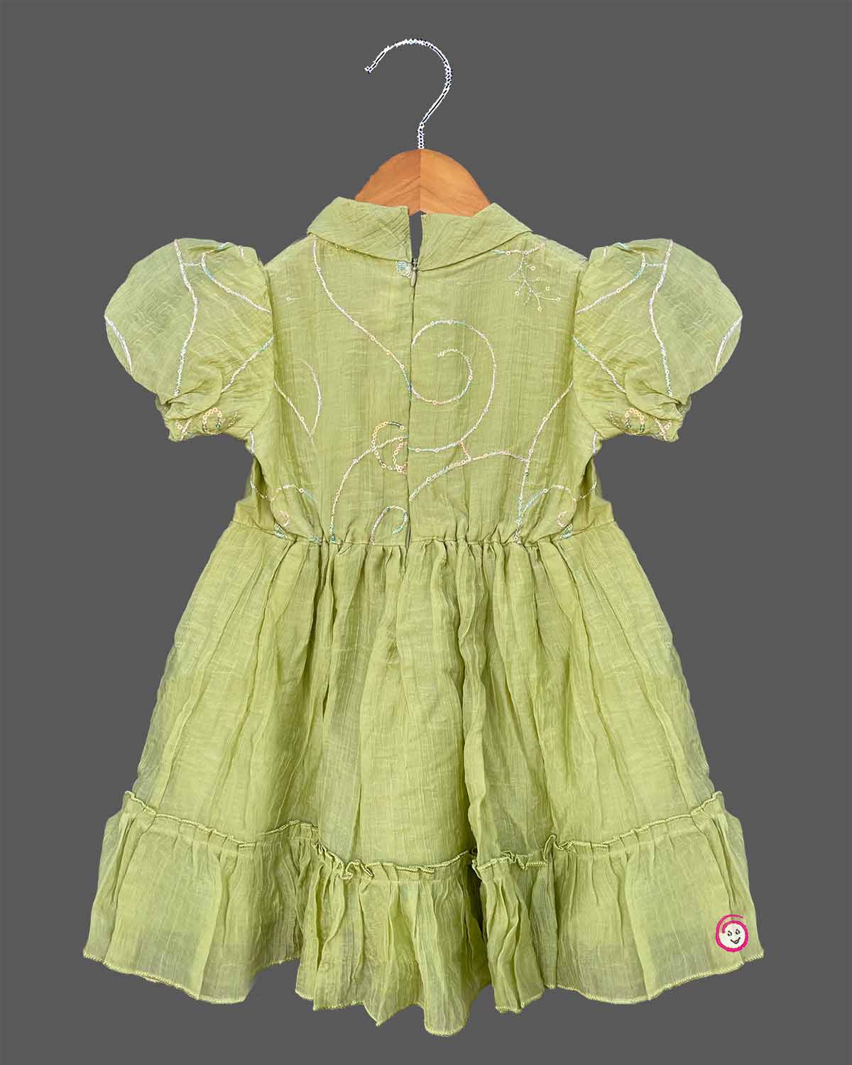 Olive green toddler embroidered casual frock with puff sleeves and bow tie