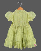 Olive green toddler embroidered casual frock with puff sleeves and bow tie