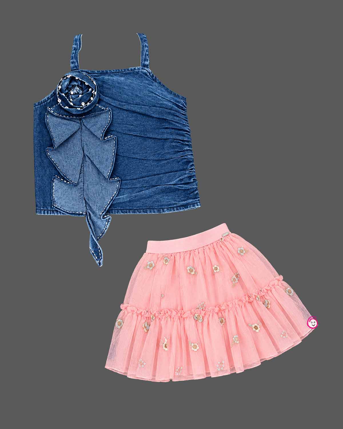 Detailed baby party wear dress featuring strappy denim top with rosette motif and embroidered mesh skirt.