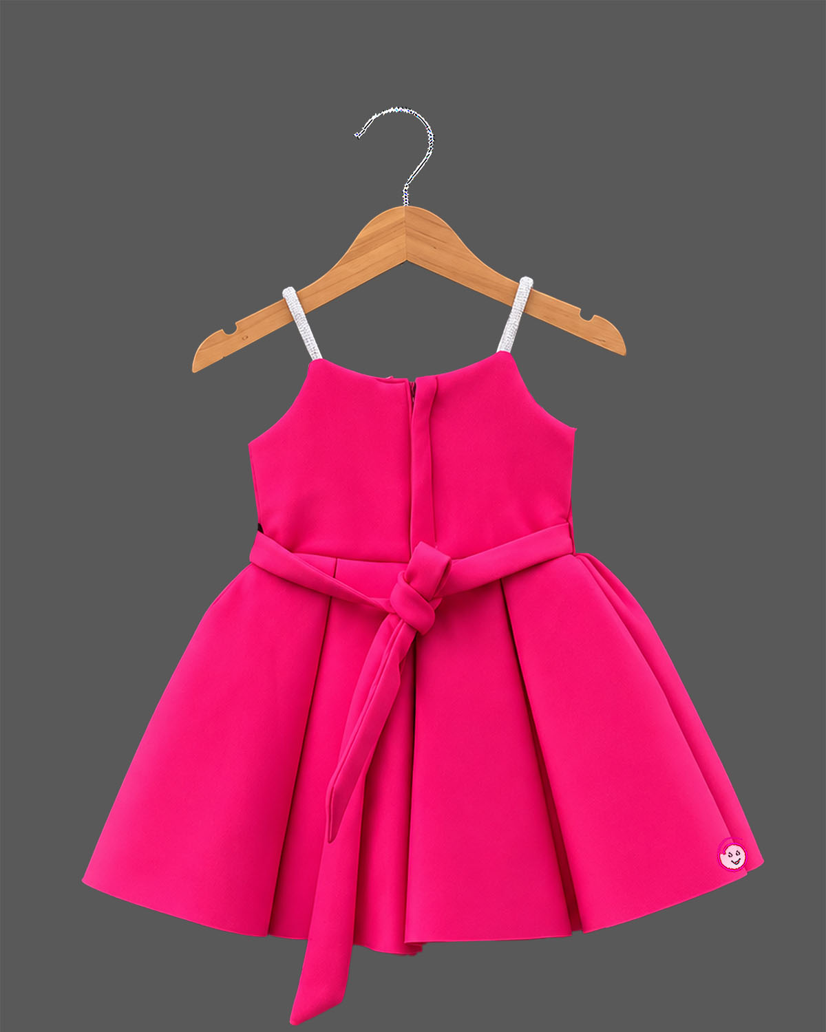 Hot pink satin party frock for girls with white and magenta floral rose appliques and embellished shoulder straps