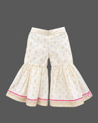 Sleeveless printed short kurta and flared tiered kids sharara set with gota trim details.