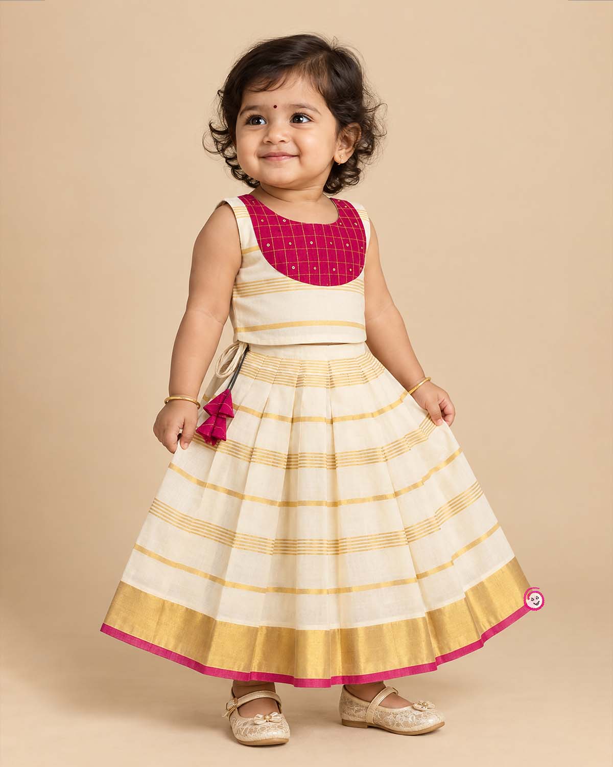 A sleeveless top with a checkered patch and a gold-striped skirt for Onam traditional wear.