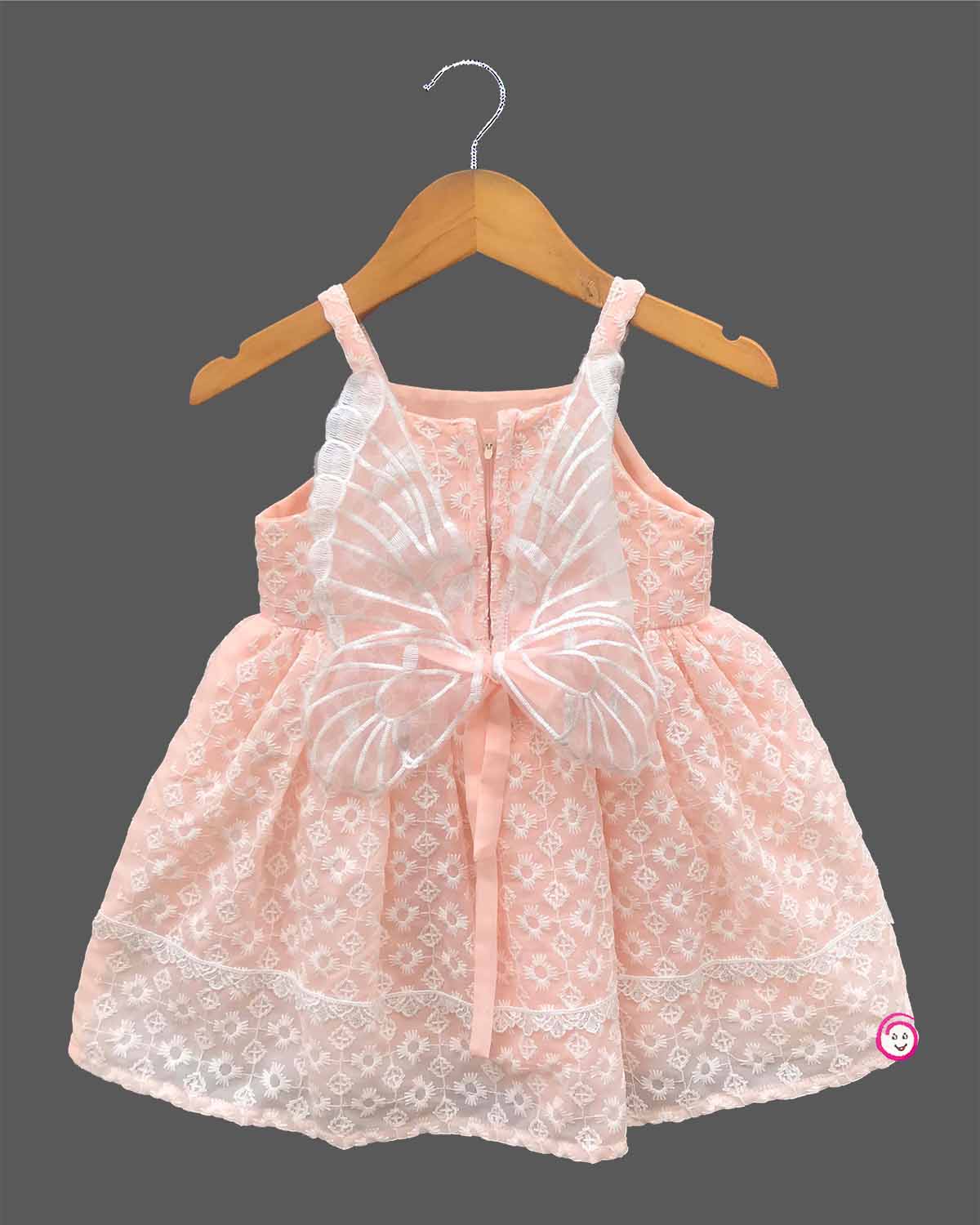 Little princess embroidered cotton casual frock with floral eyelet design, lace hem, and sleeveless straps for everyday kids fashion