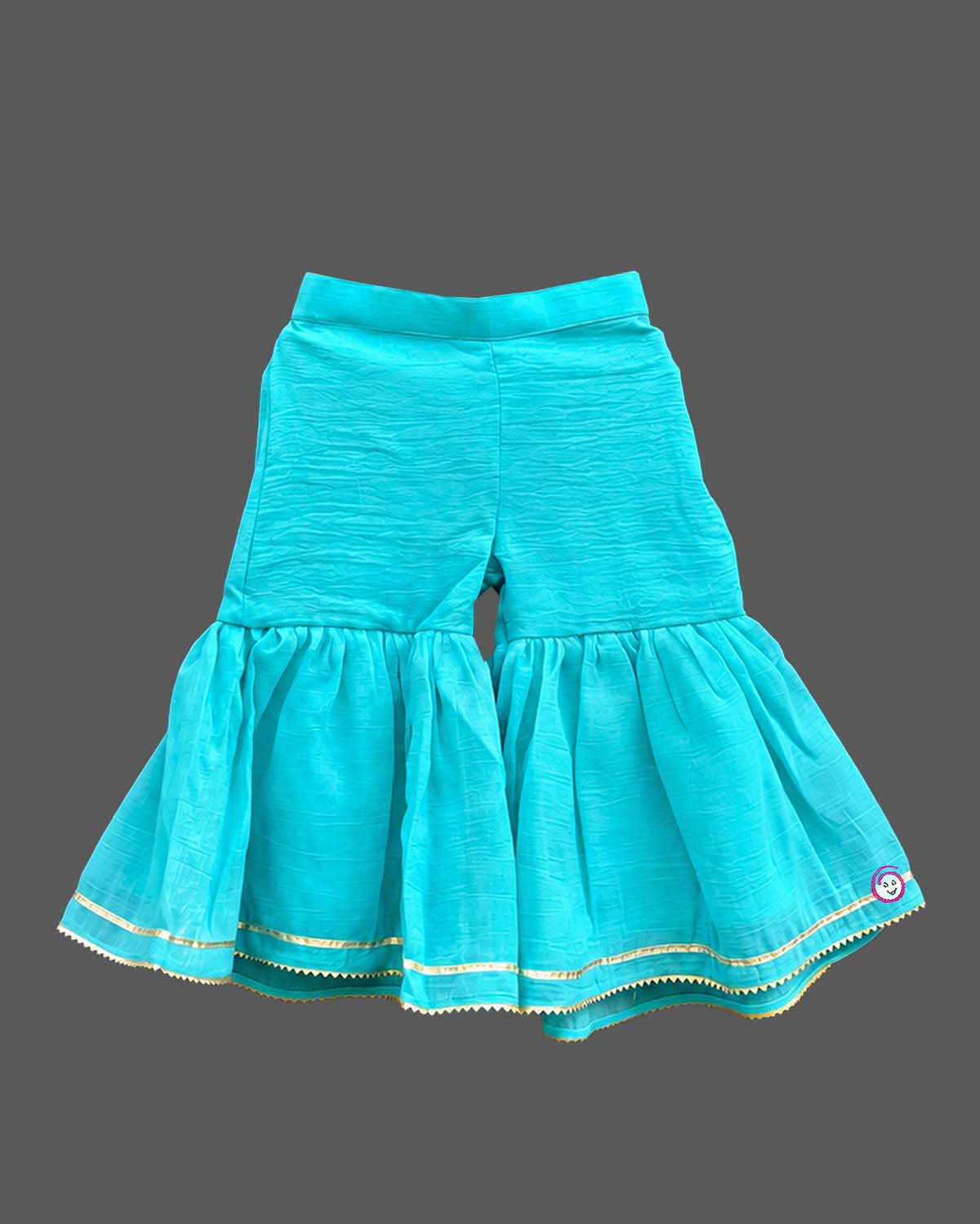 Kids sharara set with floral embroidered bodice, strappy peplum top and flared gota-trim sharara pants
