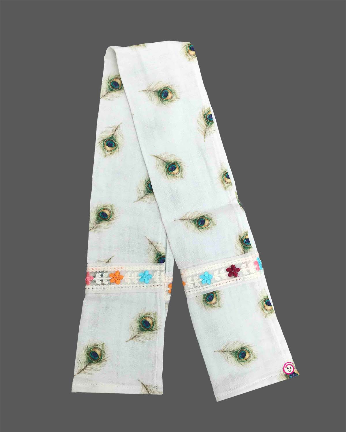Baby boy feather print cotton Krishna costume with dhoti stole floral headband and flute for Janmashtami