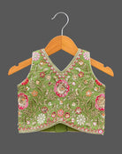 Sleeveless floral embroidered top with curved V-hem and matching pleated choli for kids skirt with sequin work.