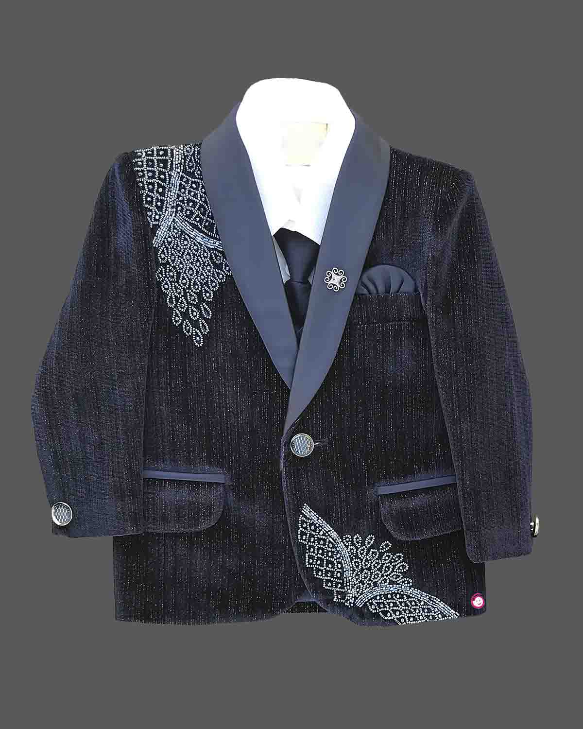 Boys embellished velvet tuxedo blazer coat suit set with tie and trousers for birthday parties and evening receptions.