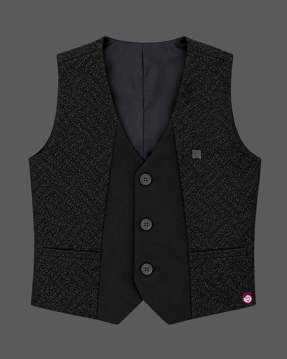Boys textured layered waistcoat suit set with shirt, bow tie, sleeve roll-up tabs, and pant.