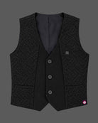 Boys textured layered waistcoat suit set with shirt, bow tie, sleeve roll-up tabs, and pant.