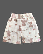 Cream teddy bear printed muslin cotton boys top and shorts set for summer vacations, playdates, and park outings