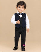 Boys textured jacquard waistcoat suit set with shirt, bow tie, and pant for formal events.