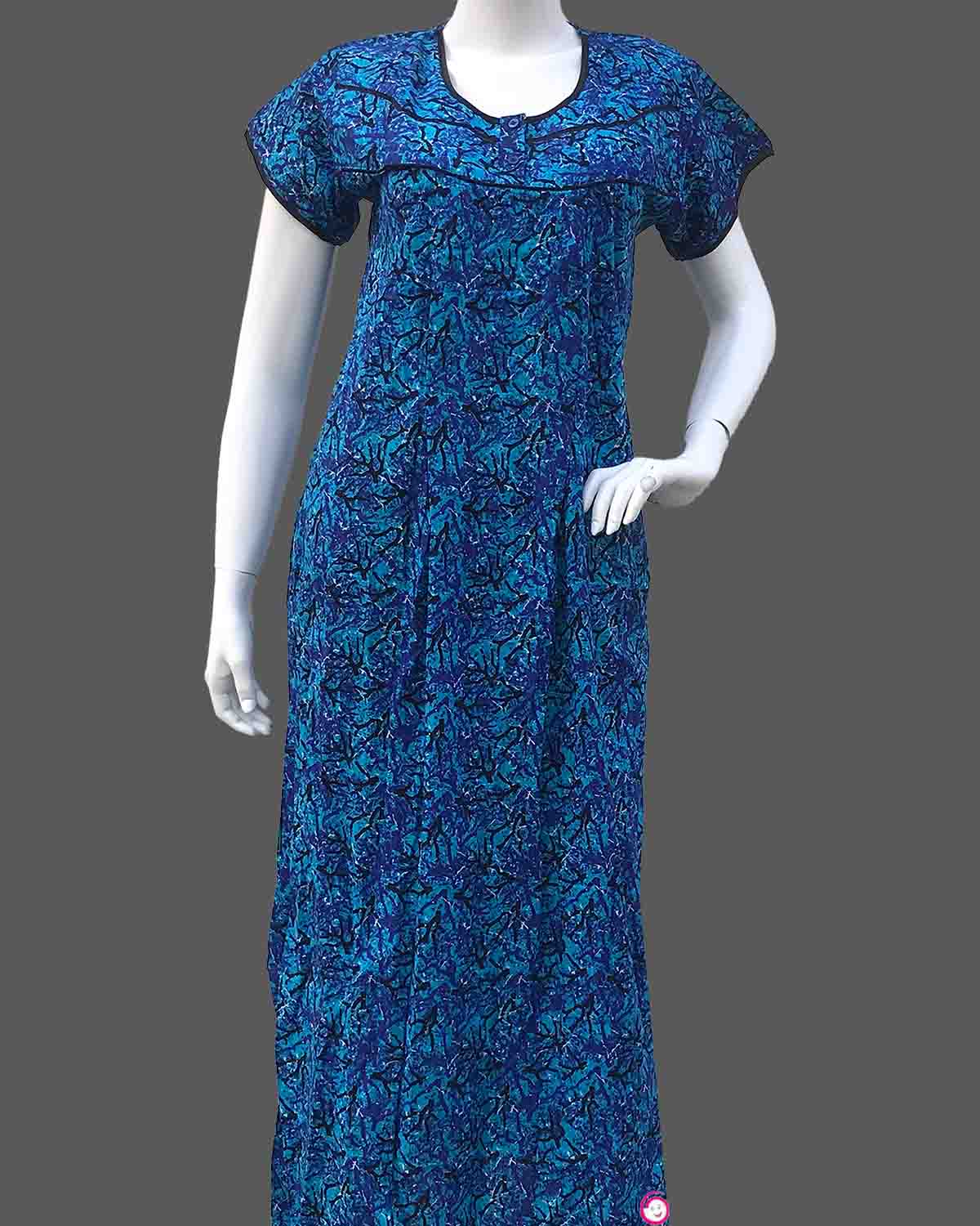 Maternity overall floral printed half sleeve nighty with side zip - Royal Blue