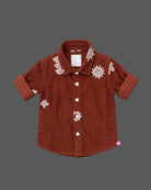 Boys embroidered corduroy shirt featuring spread collar and button closure for party wear