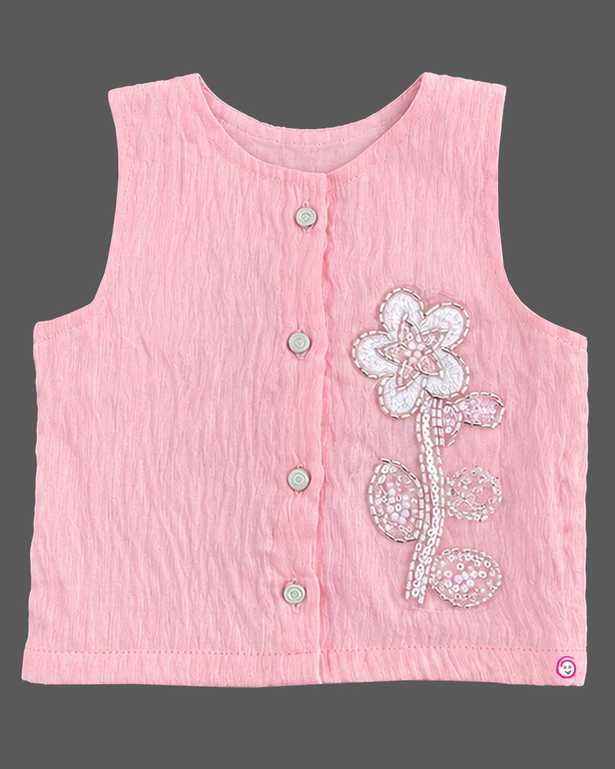 Sleeveless button-down top with floral applique and trousers set as a baby party wear dress.