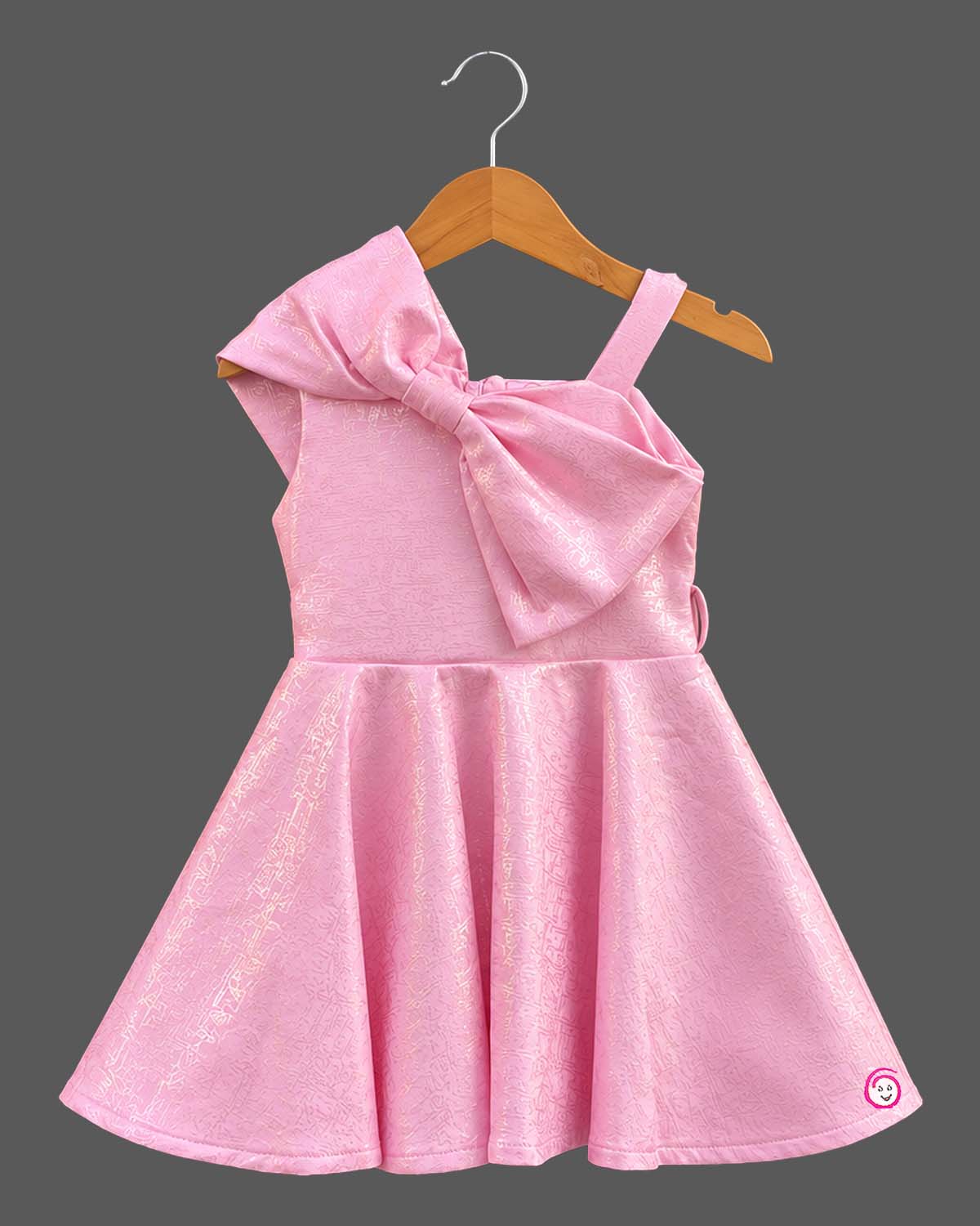 One-shoulder jacquard party wear dress with oversized shoulder bow for kids