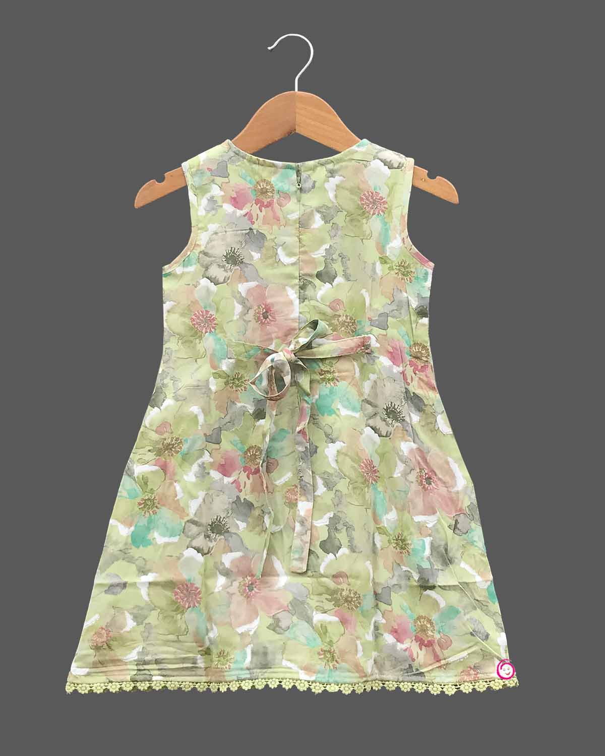 Girls sleeveless flower printed casual frock - Pista Green