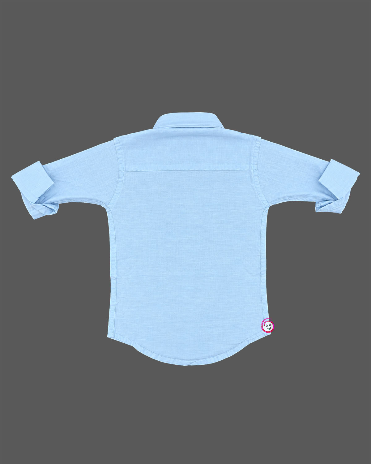 Light blue cotton long-sleeve casual shirt for toddler boys with car embroidery and rolled sleeves.