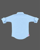 Light blue cotton long-sleeve casual shirt for toddler boys with car embroidery and rolled sleeves.