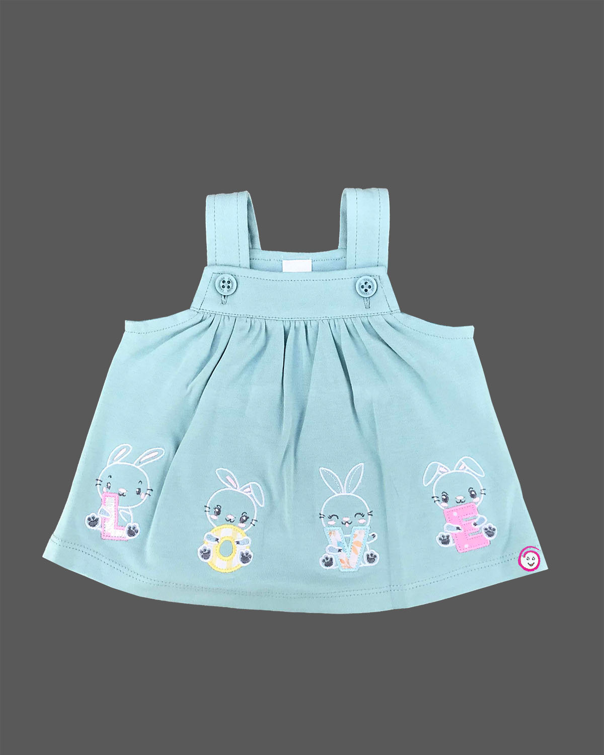 White animal print t-shirt and mint green bunny embroidered Candy House girls knitted cotton pinafore frock for birthday parties, casual outings, and summer playdates