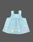 White animal print t-shirt and mint green bunny embroidered Candy House girls knitted cotton pinafore frock for birthday parties, casual outings, and summer playdates